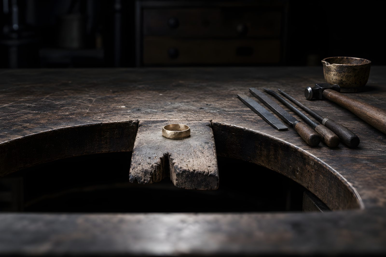 Goldschmiedebrett mit Feilnagel, Feilen, Hammer und einem Ring im Entstehen in einer dunklen Werkstatt